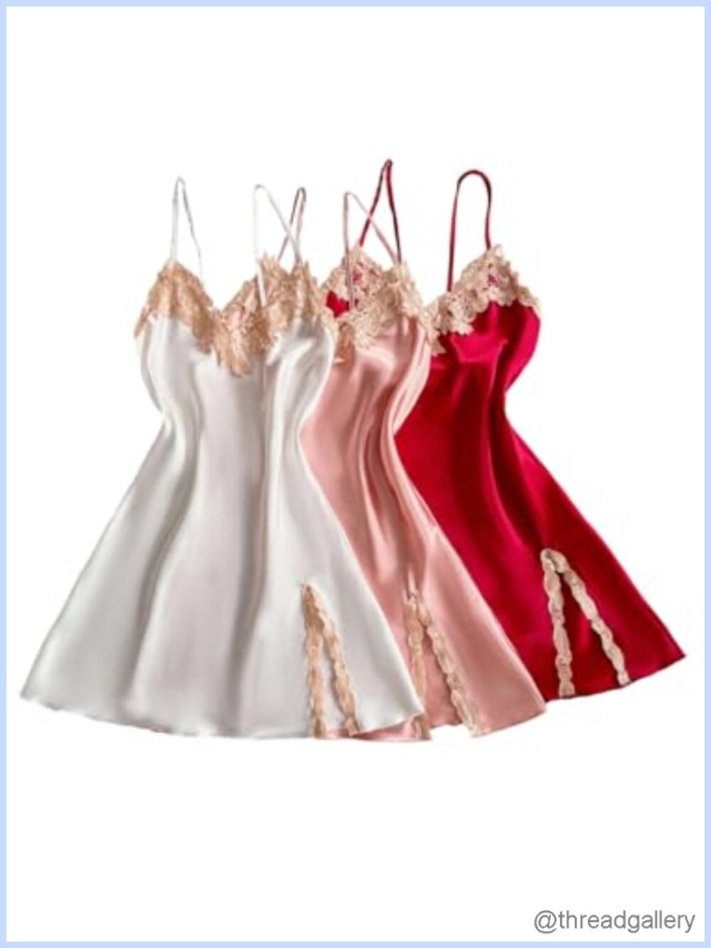 Satin Nightgown 3 Pack Lace Trim Spaghetti Strap Slit Hem Slip Dress